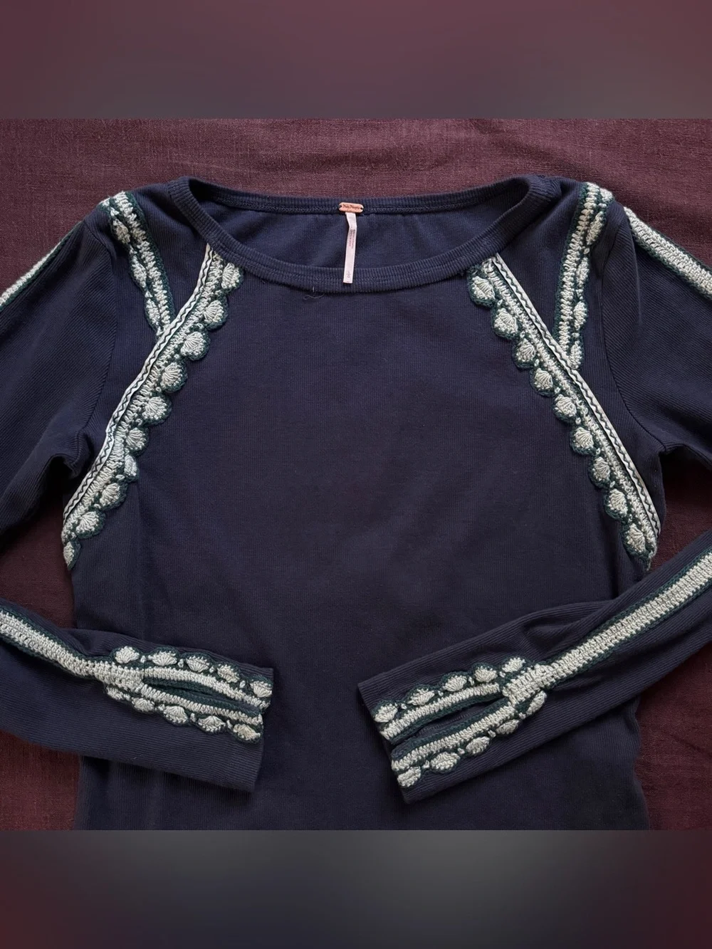 Free People Lost Love Long Sleeve Top Navy Crochet Trim Size L